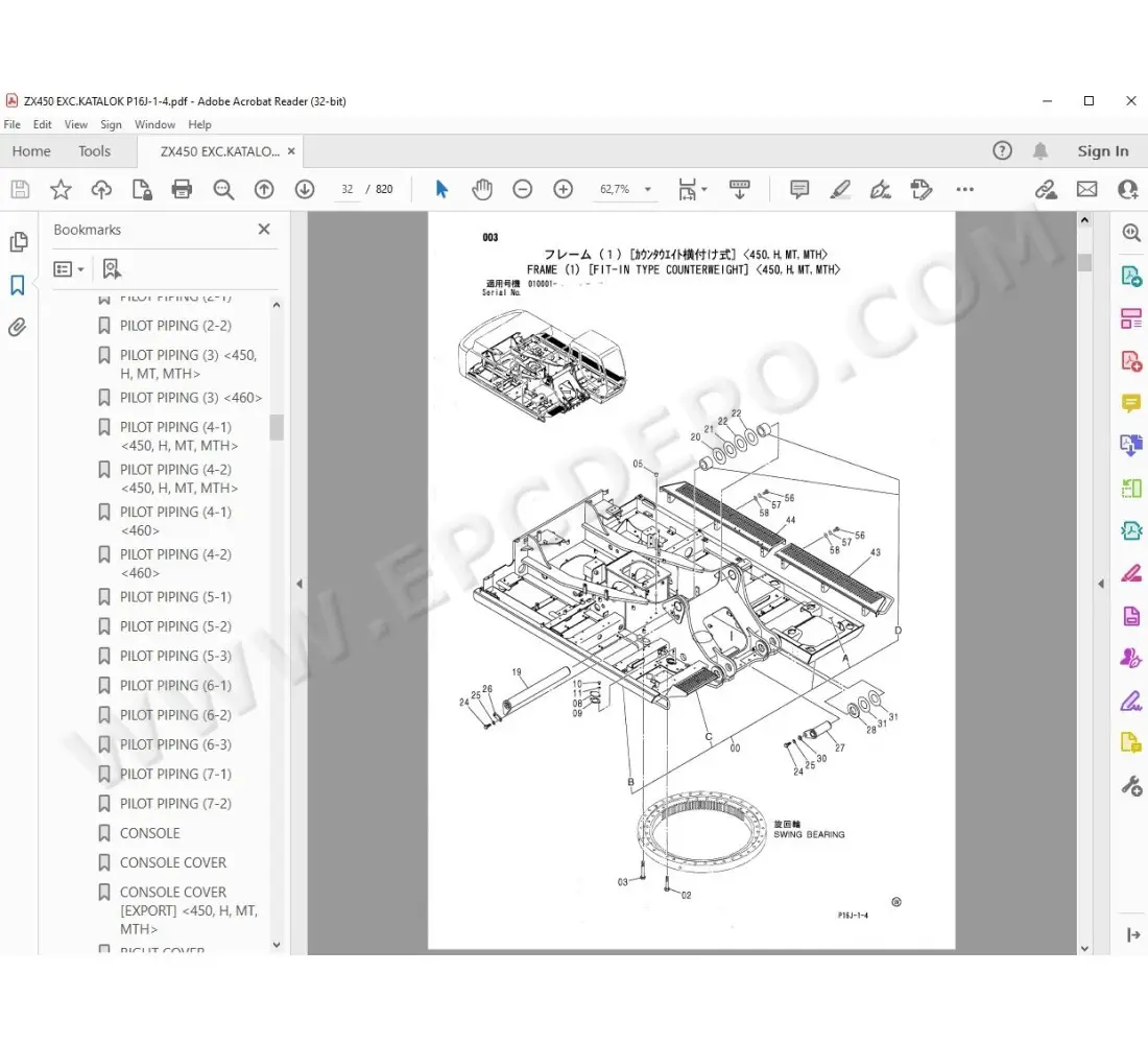 Hitachi Excavator Zaxis ZX450 ZX460 ZX480 parts manual